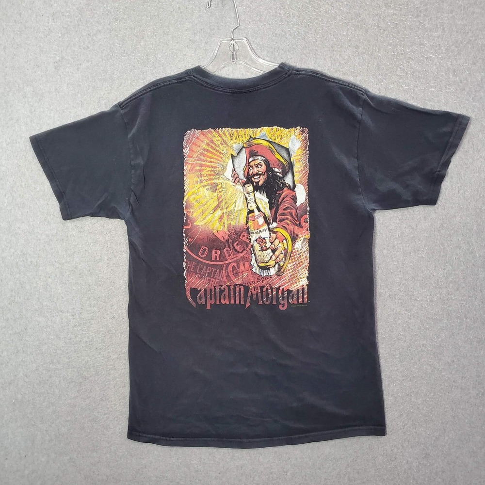 VINTAGE Captain Morgan Men Shirt Large Black Logo Rum Graphic Print Crew Neck